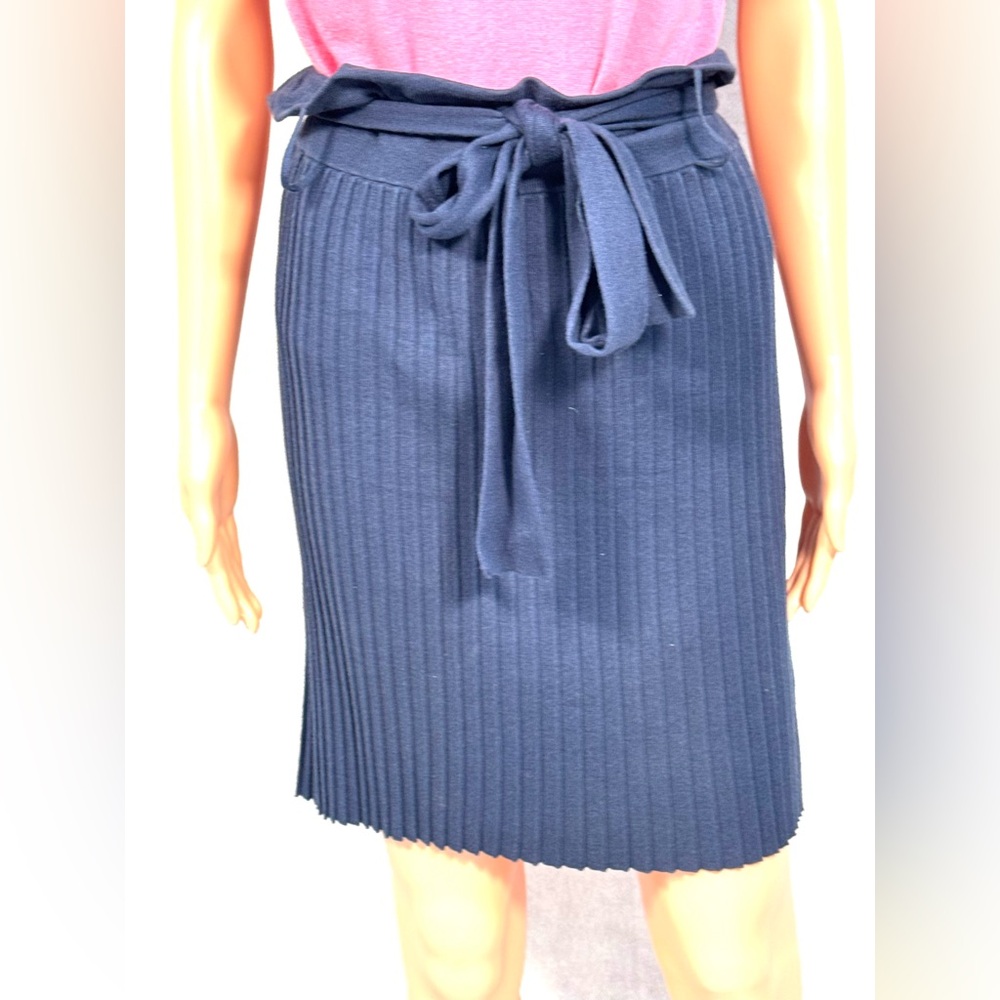 Blue Ribbed Silk & Cotton Pencil Skirt with Tie Front